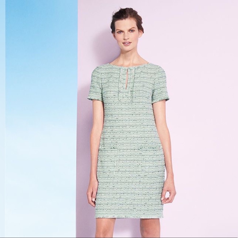 St. John Collection ‘Riana’ Tweed Fringe Split-neck Mint Green & Blue Dress